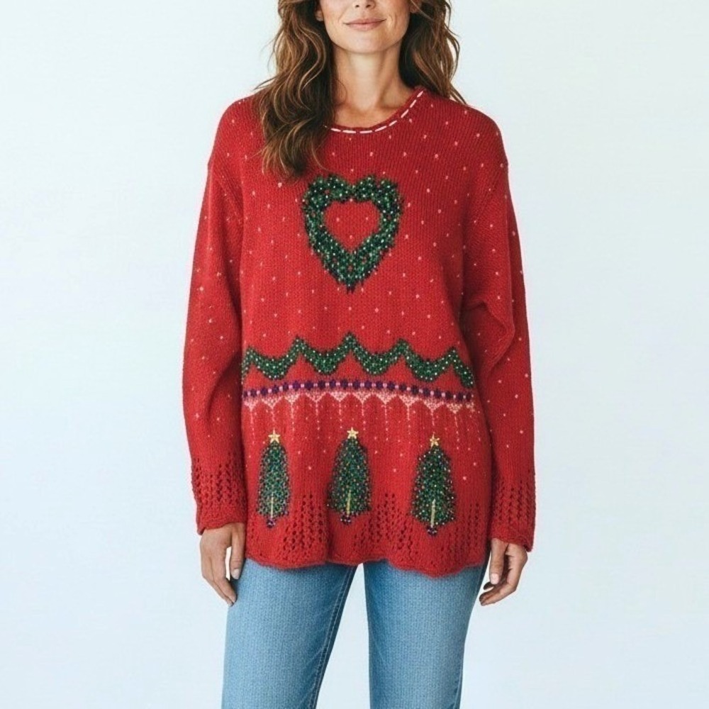 Vintage Marisa Christina 1995 Red Christmas Knit Sweater Wreath Tree Beaded Med